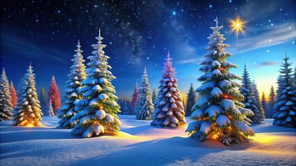 Obraz premium Christmas magic painted on a frosty canvas, trees glowing against the night.