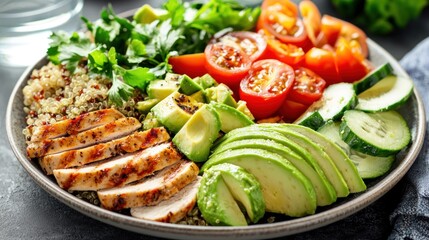 A plate filled with colorful, healthy ingredients like grilled chicken, quinoa, avocado, and fresh vegetables, served with water