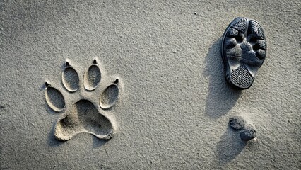 Black footprint trails of a dog paw and human shoe running in opposite directions, isolated, black, footprints, trails