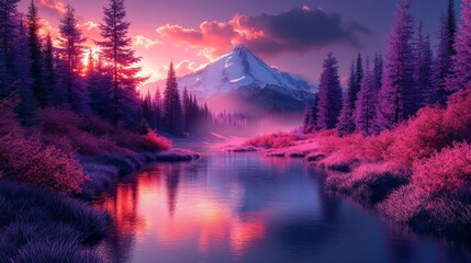 Fantastic view of mountain pine forest and river flow with purple color concept