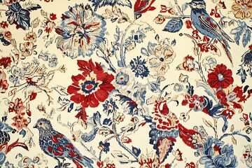 A highly detailed and vibrant Persian-style carpet design, featuring intricate floral patterns with bold reds, blues, and golds. The texture of the fabric is rich and luxurious, with ornamental