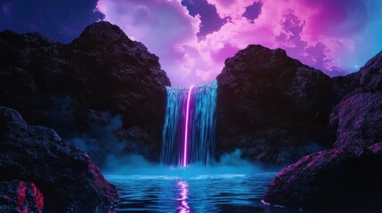 Stunning Waterfall Cascading from Majestic Mountain Peaks into Serene Lake with Vibrant Sunset Colors