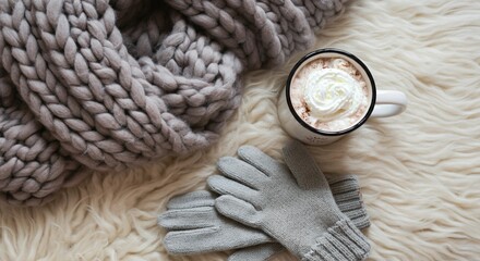 Flat lay of cozy winter essentials like a scarf, gloves, and hot cocoa on a fluffy blanket
