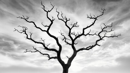 Fototapeta premium Bare Branches Reaching Towards Dramatic Cloudy Sky in Haunting Monochrome Landscape