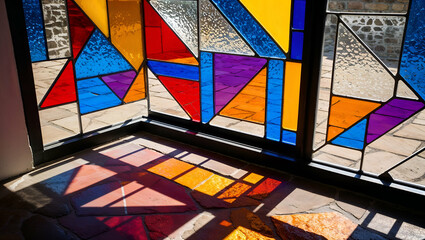 Fototapeta premium Colorful stained glass creates vibrant patterns on a stone floor in a sunny room during the day