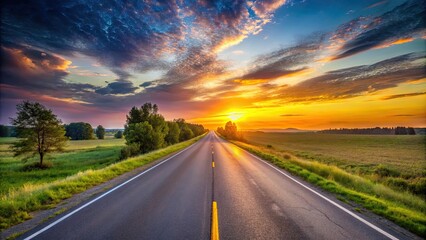 Naklejka premium Scenic highway at sunset in the countryside, Aerial, trucks, cars, motorway, winding road, golden light, evening, wooded