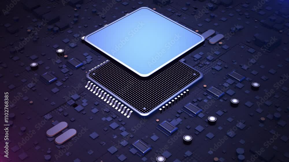 Poster chip integrated into a futuristic circuit board with intricate blue pathways, symbolizing artificial