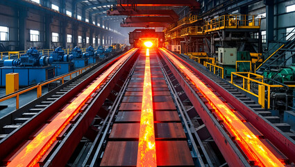 Steel is being processed in a manufacturing facility with glowing molten metal at dusk