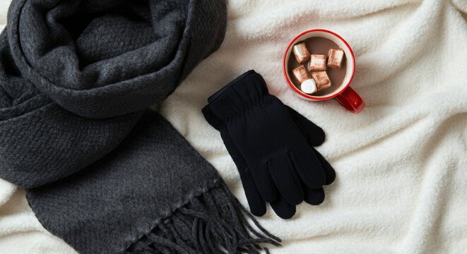 Flat lay of cozy winter essentials like a scarf, gloves, and hot cocoa on a fluffy blanket