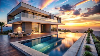 Fototapeta premium Modern luxury villa with infinity pool bathed in the warm glow of sunset , private, house, villa, luxury, modern