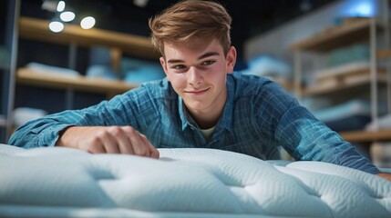 Young man in blue plaid shirt examining mattress quality in modern showroom, showcasing attention to detail in bedding selection and comfort testing.