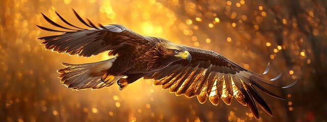 Obraz premium Majestic Eagle in Flight Against Golden Sunset Forest Backdrop