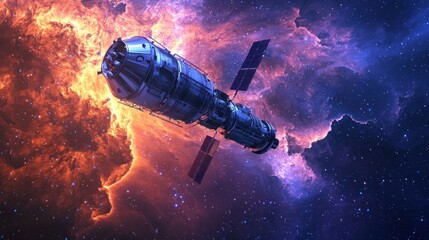 A spacecraft flying through a colorful nebula, symbolizing the exploration of outer space and the vast unknown