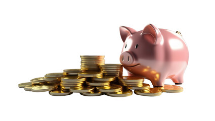 Shiny piggy bank surrounded by stacks of gold coins, symbolizing savings