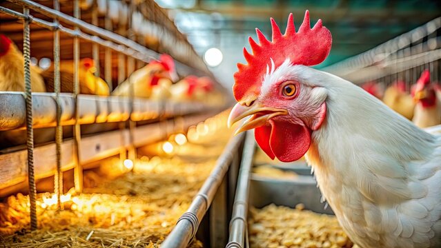 Close-up of a broiler rooster eating feed in a cage at a poultry farm, broiler, chickens, rooster, poultry, farm, agriculture