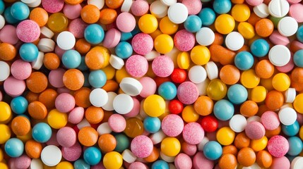 Obraz premium Vibrant assortment of colorful pills and tablets scattered across the frame, showcasing a diverse range of medications in various shapes and hues.