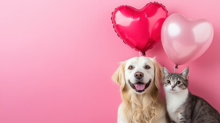 A dog and a cat are standing next to each other with balloons in their mouths