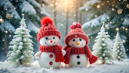 Fototapeta premium Snowy forest backdrop with two adorable snowmen, red knit hats and scarves, twinkling snowflakes