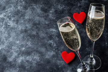 Two champagne glasses with red hearts on the table