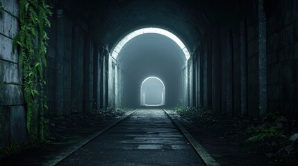 Obraz premium Exploring a dark vine-covered abandoned tunnel a mysterious journey