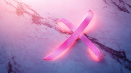 A pink ribbon symbolizing breast cancer awareness on a marble background.