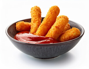 A bowl of cheese sticks with chili sauce isolated on white background