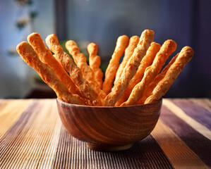 A bowl of cheese sticks on the table