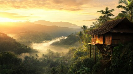 A serene landscape featuring a wooden house on a hill during sunrise, surrounded by lush greenery.