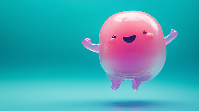 Joyful Pink Jelly Bean Creature, 3D Render, Happy, Running, Cute
