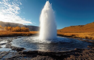 The Strokkur Geyser in Iceland at sunset, showcasing a dramatic splash of water.