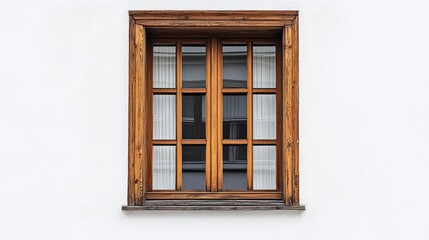 Obraz premium A wooden-framed window with curtains against a white wall.
