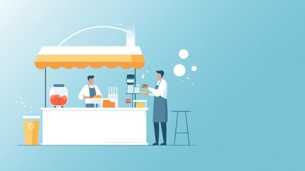 Traveling budget saving. Illustration of a beverage stand with two vendors serving drinks.