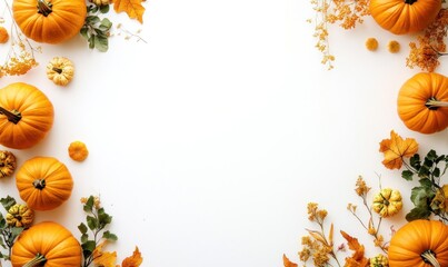 Autumn pumpkins and fall leaves border on white background.