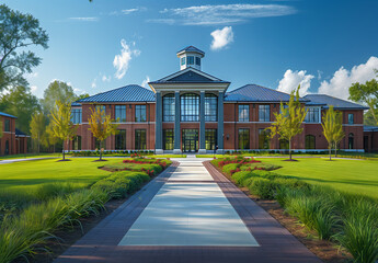 The outside of a prestigious k-12 private school. The building size should be appropriate for 400 students 