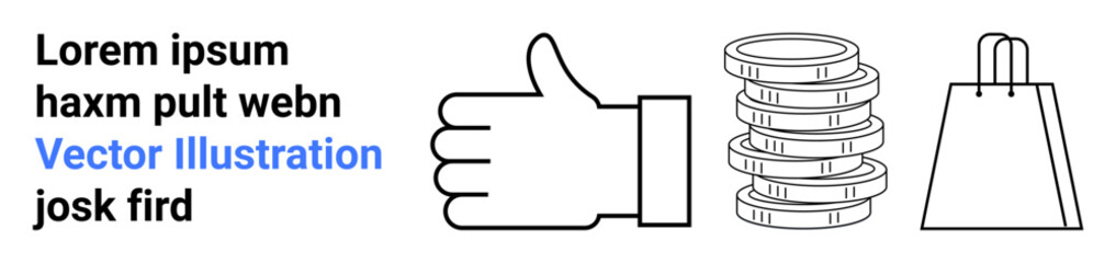 Thumbs up sign, stack of coins, paper shopping bag, and placeholder lorem ipsum text. Ideal for web design, e-commerce, business approval, financial growth, shopping trends marketing strategies