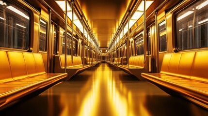 Obraz premium A visually striking subway interior with golden lighting and reflective surfaces.