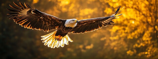 Fototapeta premium Majestic Eagle in Flight Against Golden Sunset Forest Backdrop