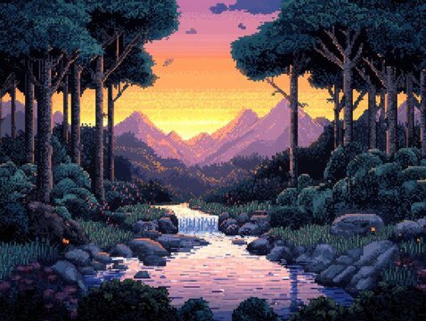 Tranquil forest sunset digital art pixel landscape peaceful environment