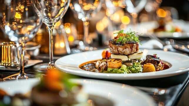 An elegant restaurant dinner with gourmet dishes beautifully plated and served to guests.