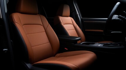Close-up of luxury sedan leather interior in modern dark ambience