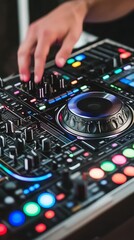 Obraz premium DJ's hand manipulating colorful controls on a professional mixing deck, showcasing intricate buttons, knobs, and a central jog wheel for precise audio manipulation.