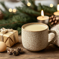 Warm and cozy scene featuring rustic mug of eggnog, surrounded by festive decorations, candles, and pinecones, perfect for holiday gatherings
