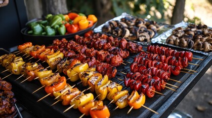 A vibrant display of grilled skewers and vegetables at a barbecue gathering.
