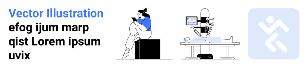 Young woman reading a book on steps, robot performing surgery with a patient on operating table, medical application icon. Ideal for technology, healthcare, education, automation, digital