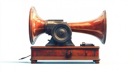 vintage illustration of an old-fashioned phonograph, floating on a white background, capturing the charm of retro technology