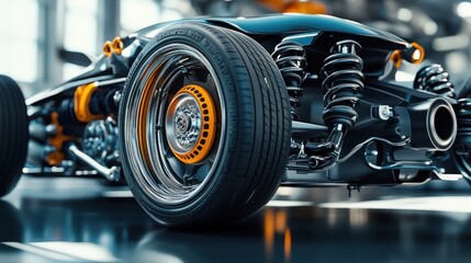 Fototapeta premium Close-up of a Custom-Built Hot Rod's Rear Wheel and Suspension, Showcasing Chrome, and Orange Accents in a Garage Setting