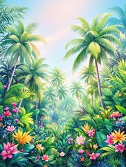 Abstract watercolor painting of tropical jungle with palm trees, tropical, foliage, colorful