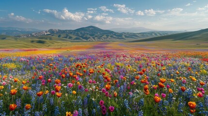 Fototapeta premium 色とりどりの野草で埋め尽くされた活気ある渓谷のドローン画像3