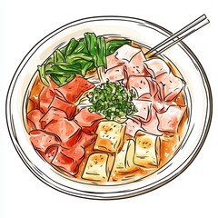 Illustration of colorful ramen bowl with tofu and salmon.