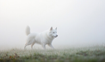 A beautiful white Swiss shepherd dog walking on the grasses with foggy air